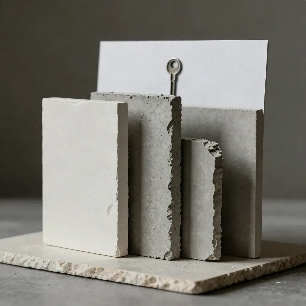 Architectural model wall sections, concrete chips, and foam-core bases on pale stone in dramatic studio light