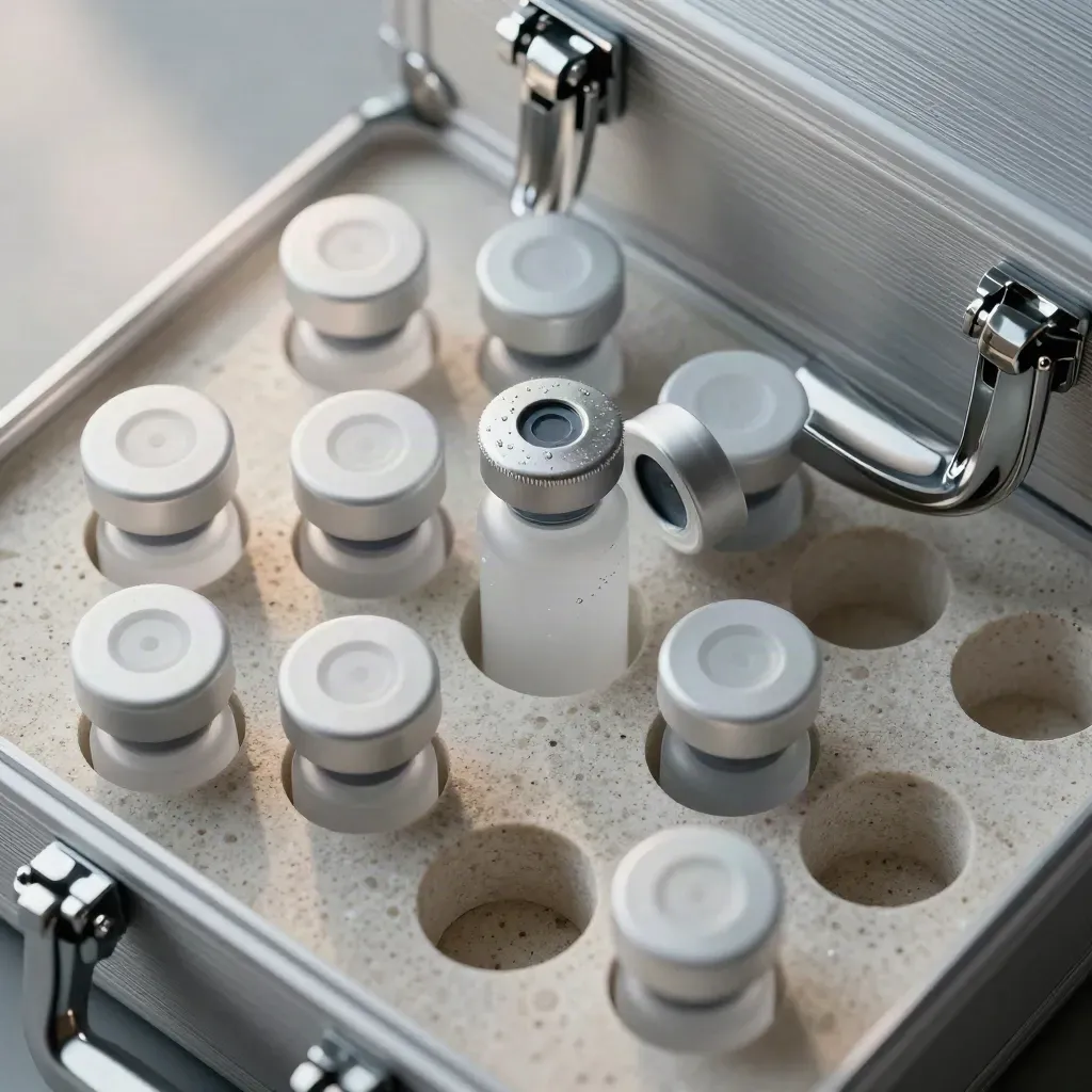 Top-down macro of biotech vials, brushed aluminum case, and foam inserts on pale stone.