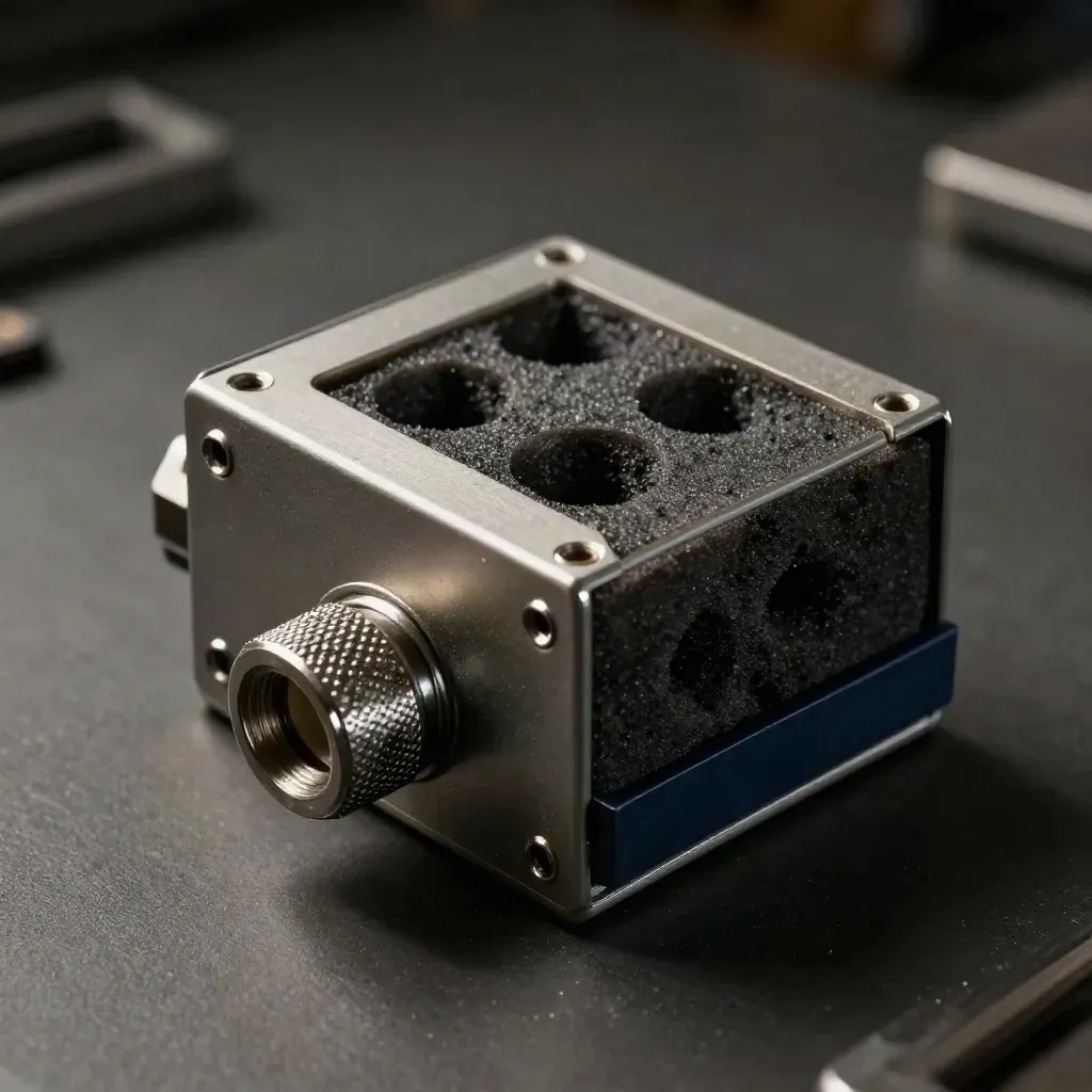 Relay housing and fasteners nested in foam with fine metal dust and navy trim.