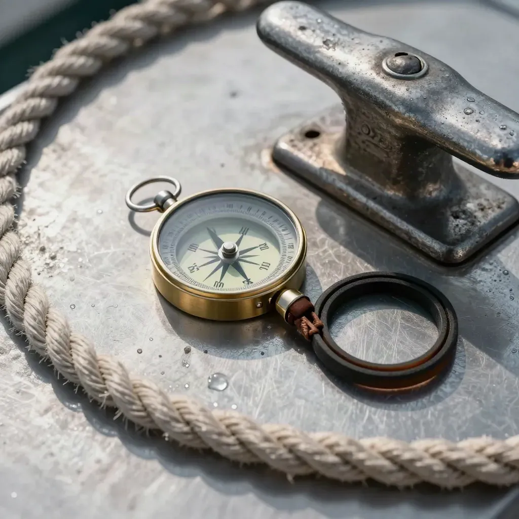 Top-down harbor kit with brass compass, dock cleat, rope coil, gasket ring on brushed metal in salt mist