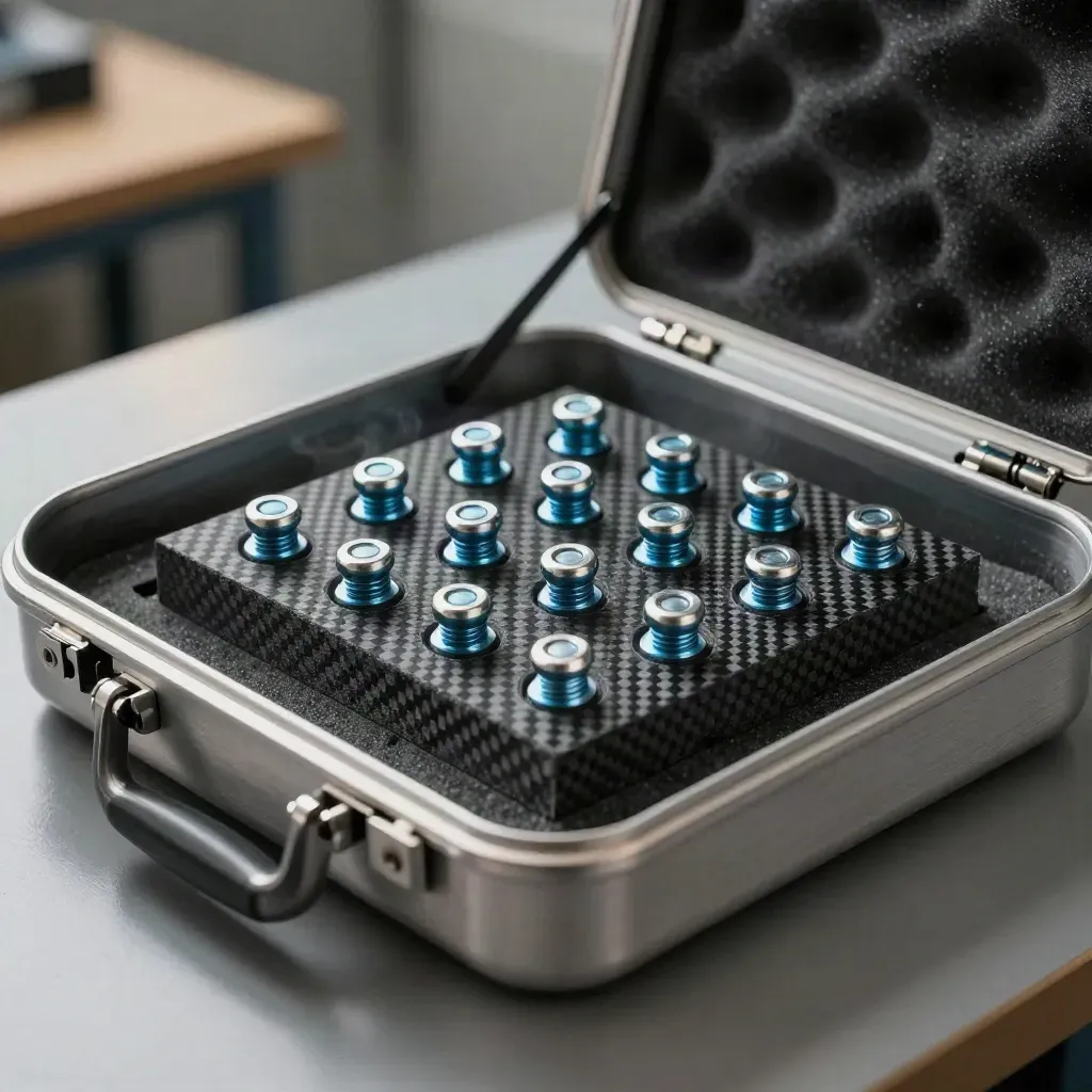 Aerospace composite samples, anodized fasteners, and a foam travel case in a test tray.