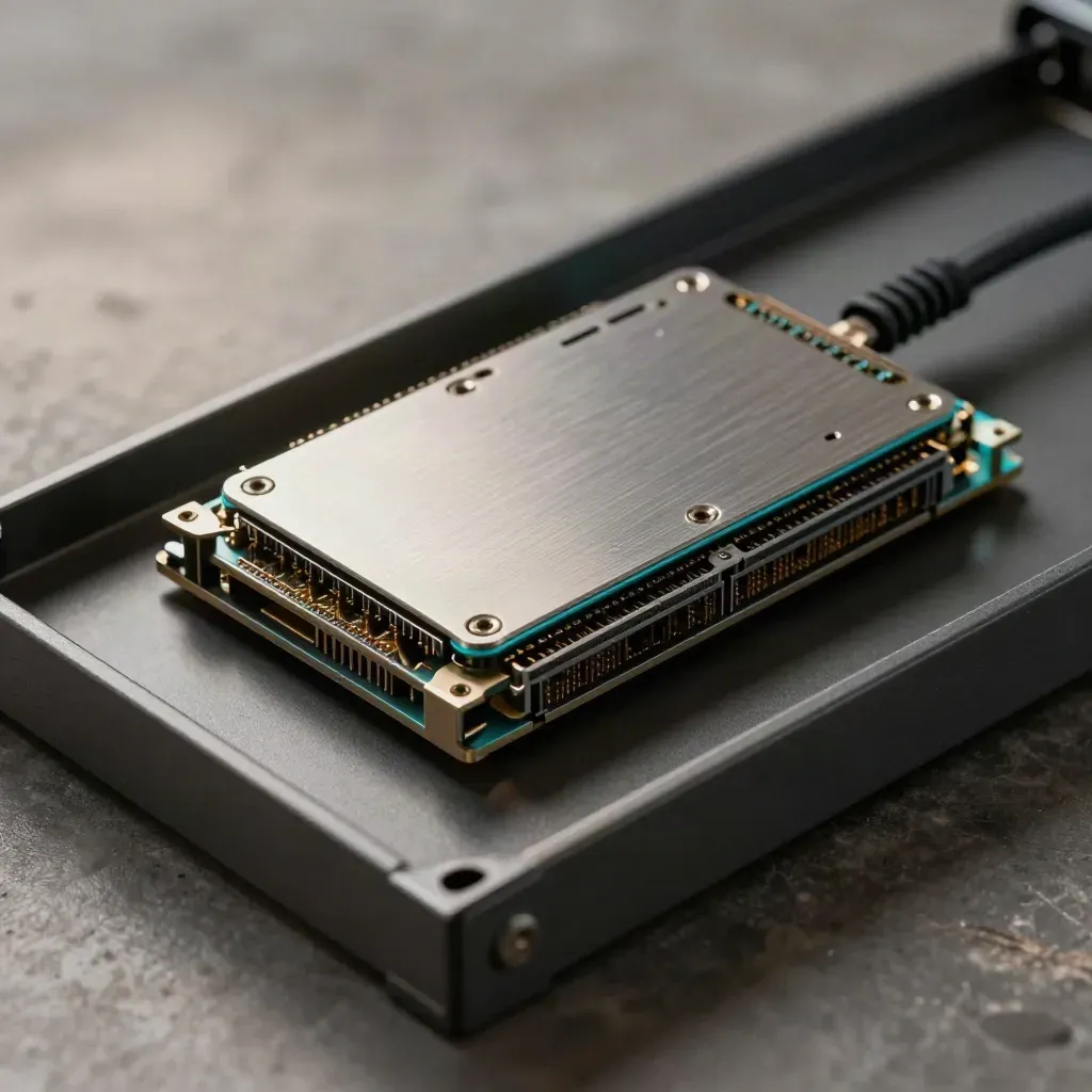 Macro of a server blade sliding into a tray with drive caddies and a braided power lead on graphite