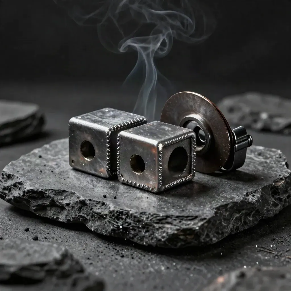 Welded steel coupon, grinding disc, and magnetic clamp on charcoal stone in dramatic light.