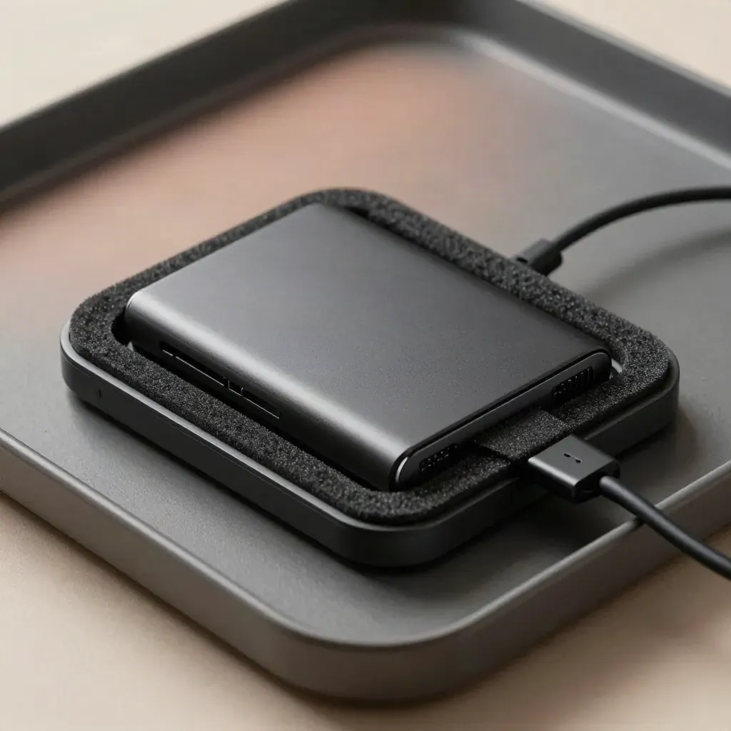 Top-down macro of a backup SSD in an anti-static case with cable and foam insert.