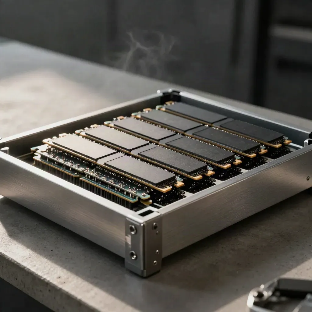 NVMe modules in a brushed aluminum drawer, arranged in a tidy storage array.