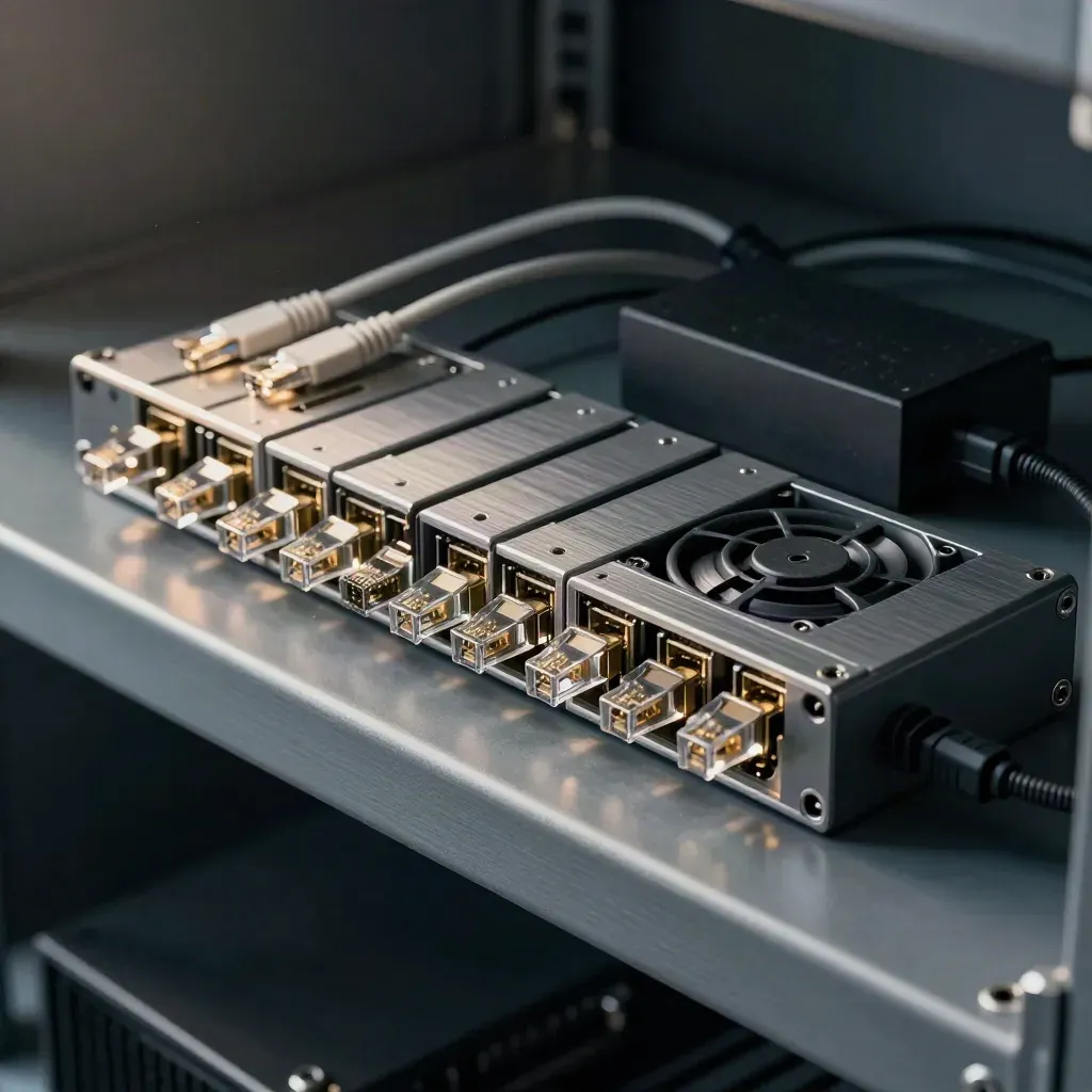 Top-down server rack still life with cables, drive caddies, fan tray and power brick