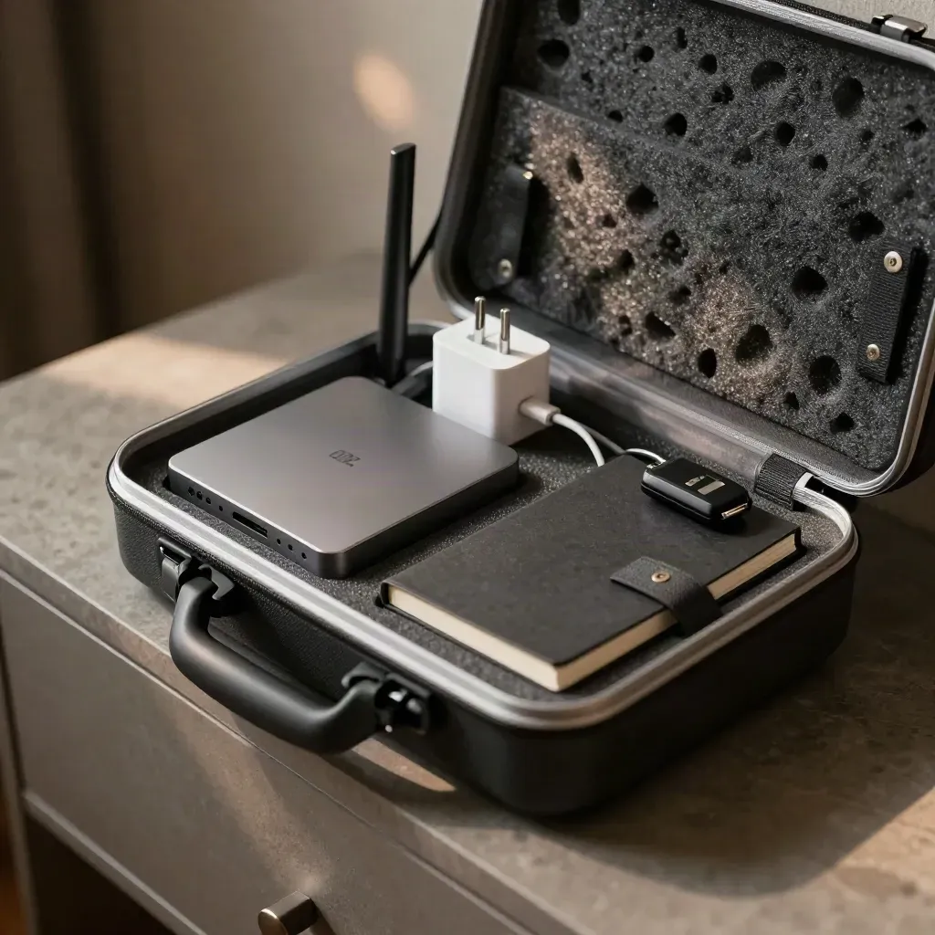 Open tech carry case with router, SSD, charger, notebook and key fob in moody light.