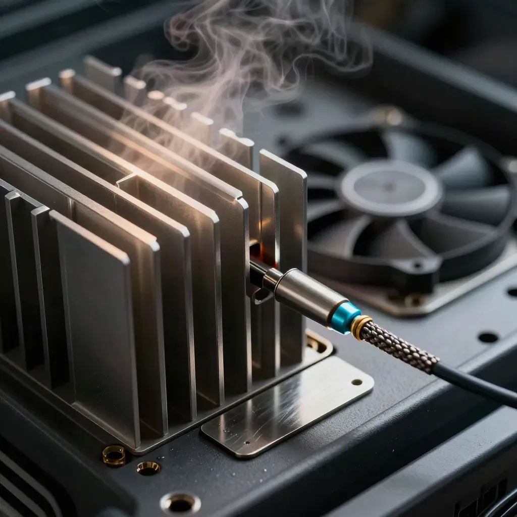 Macro of a temperature probe in server cooling fins beside a fan module with warm vapor.
