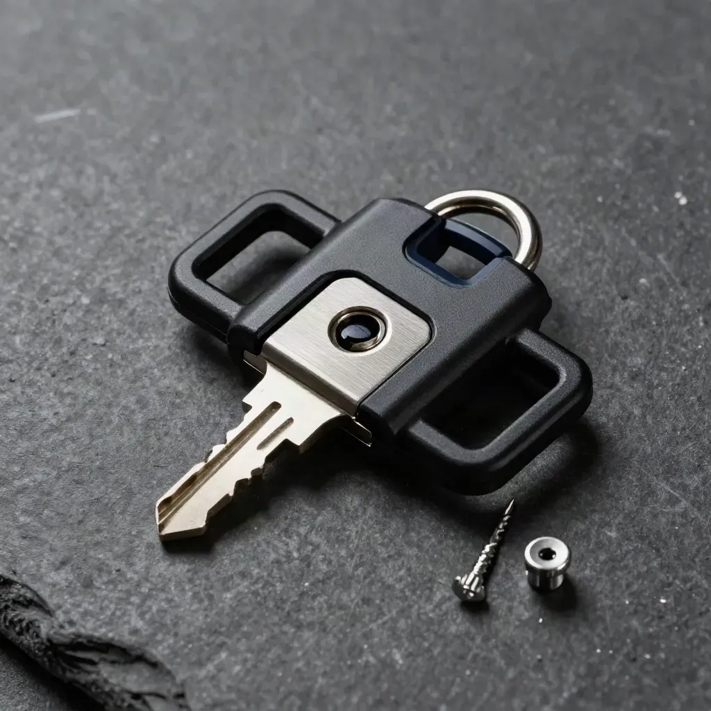 Hardware security key, lock core, and tamper seal tabs on dark stone.