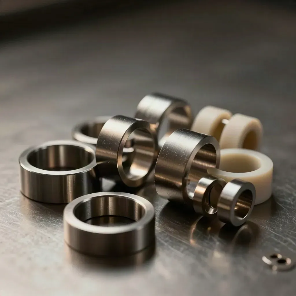 Interlocking metal rings and connectors on brushed steel in dramatic haze