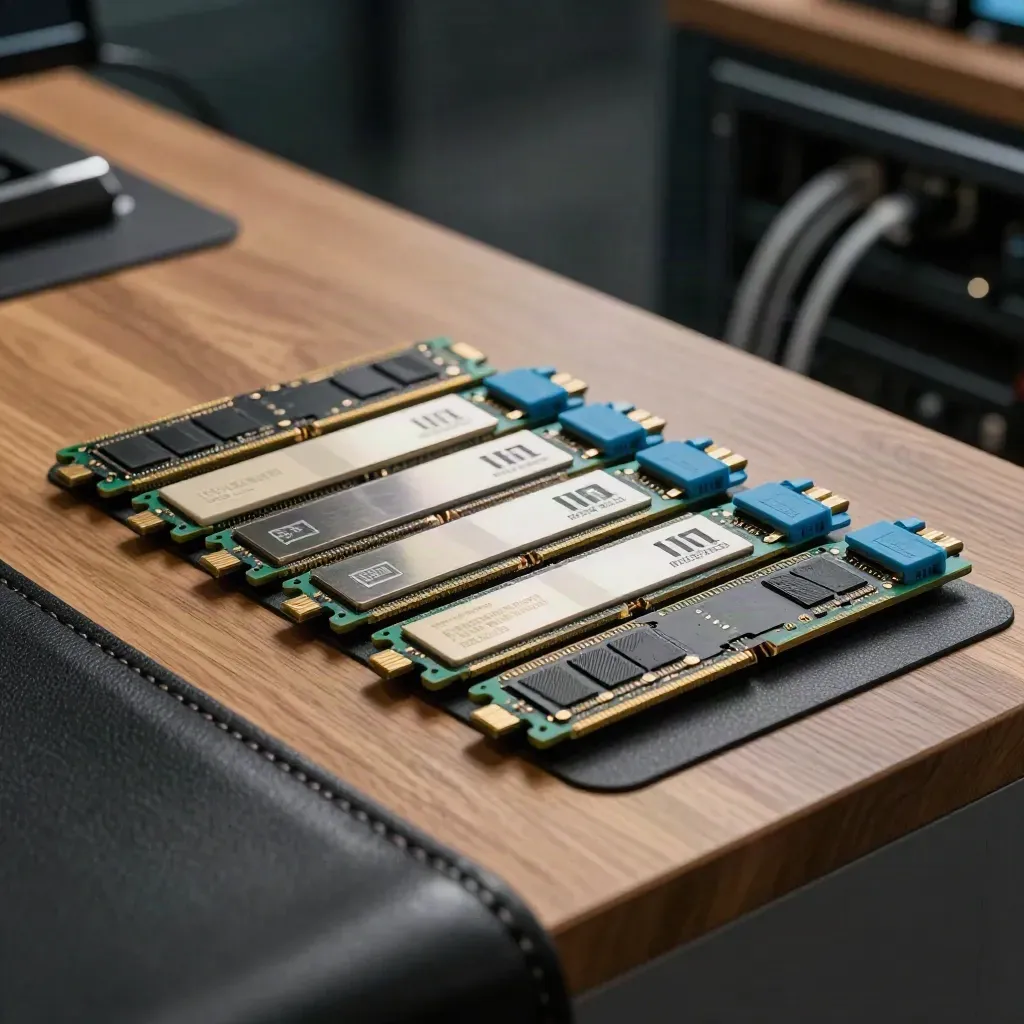 SSDs, memory sticks, fiber transceivers, and an anti-static tray on a workbench
