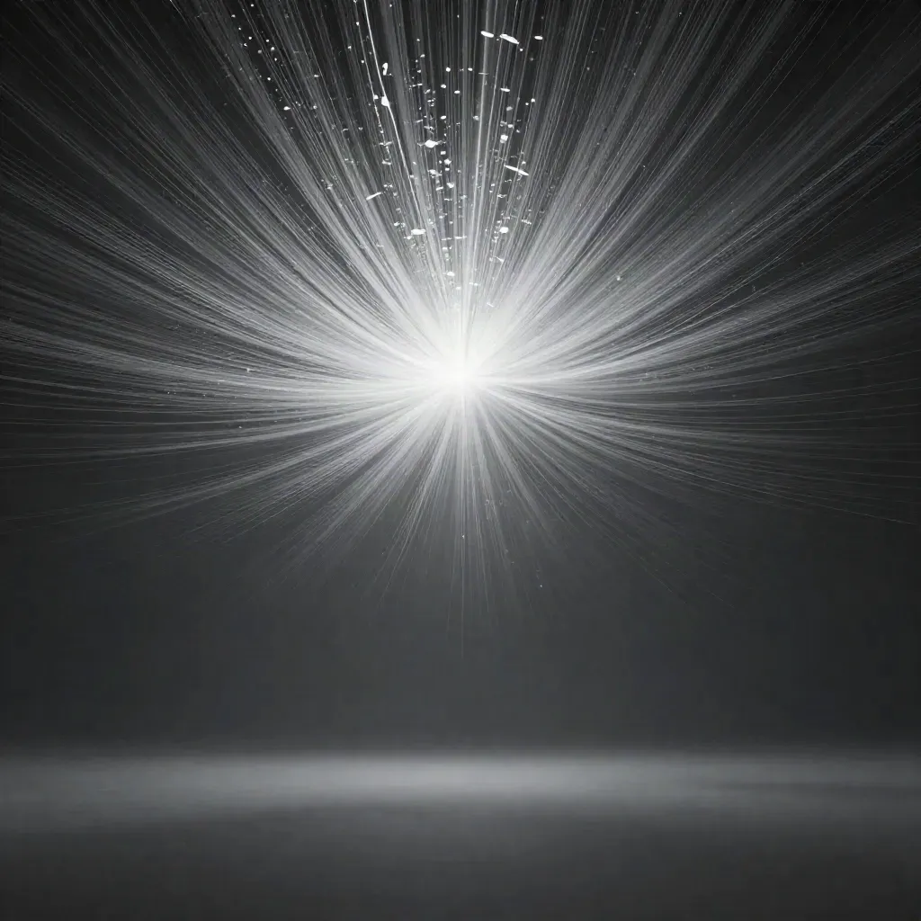 Silver light filaments converging into a soft white bloom in dark haze