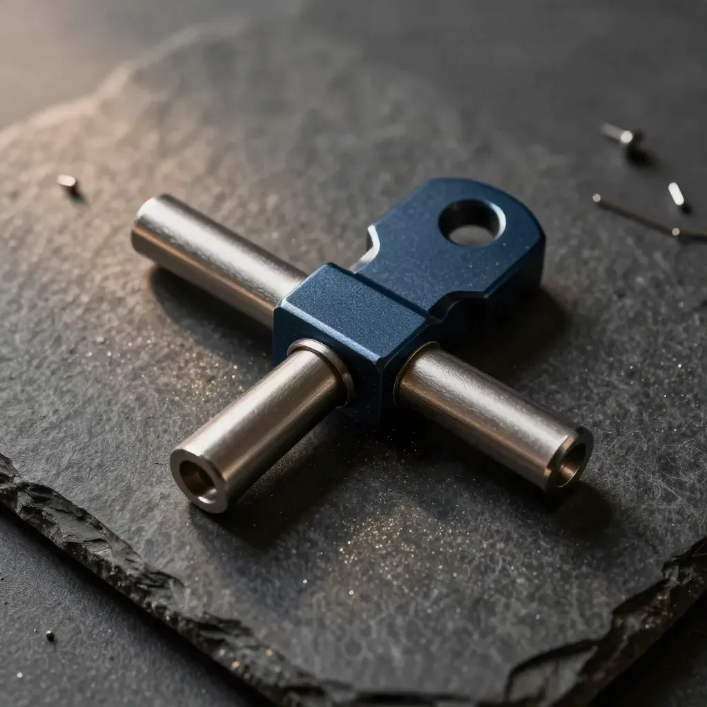 Aluminum connector blocks and pins snapping together on dark stone.
