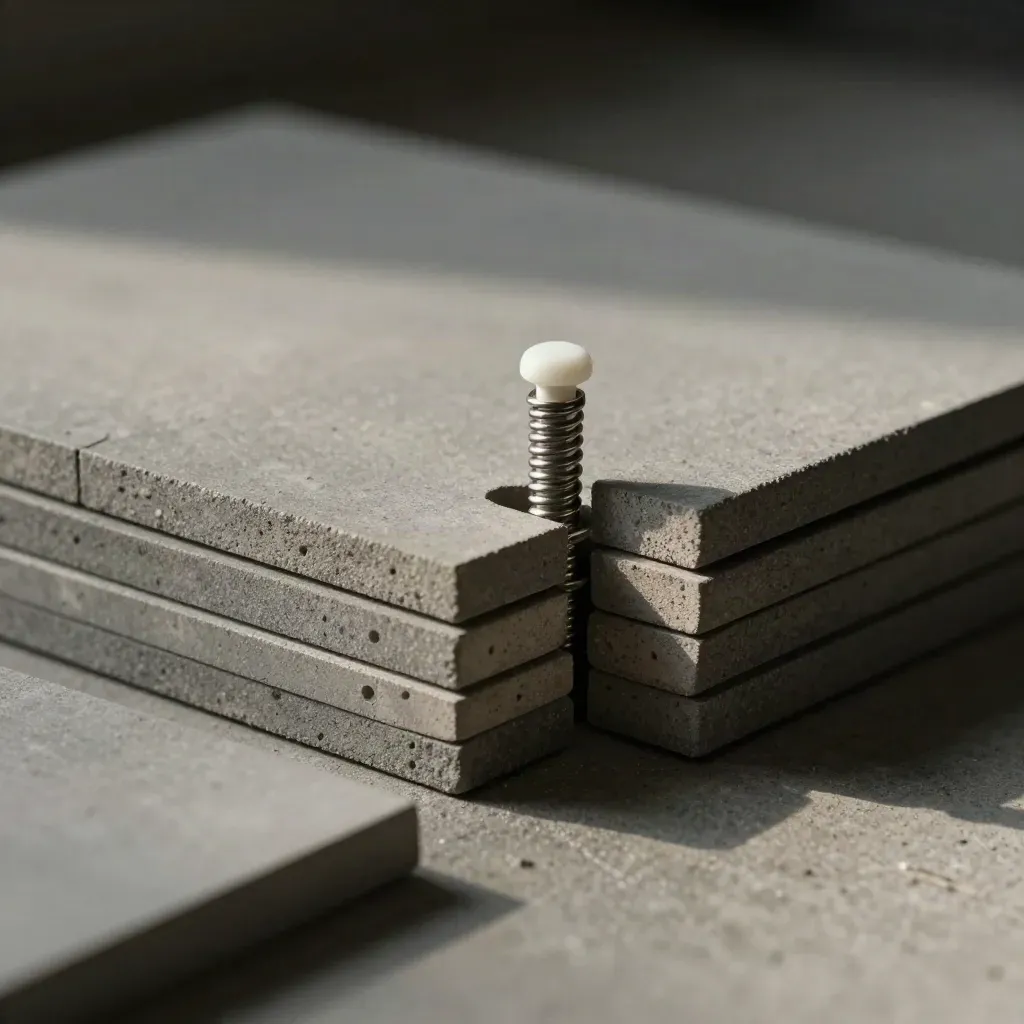 Stacked modular tiles, a spring pin, and a white spacer on cool concrete in a tight close-up.